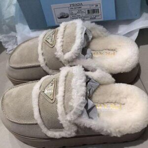Prada Beige Suede Shearling Mules Size 39